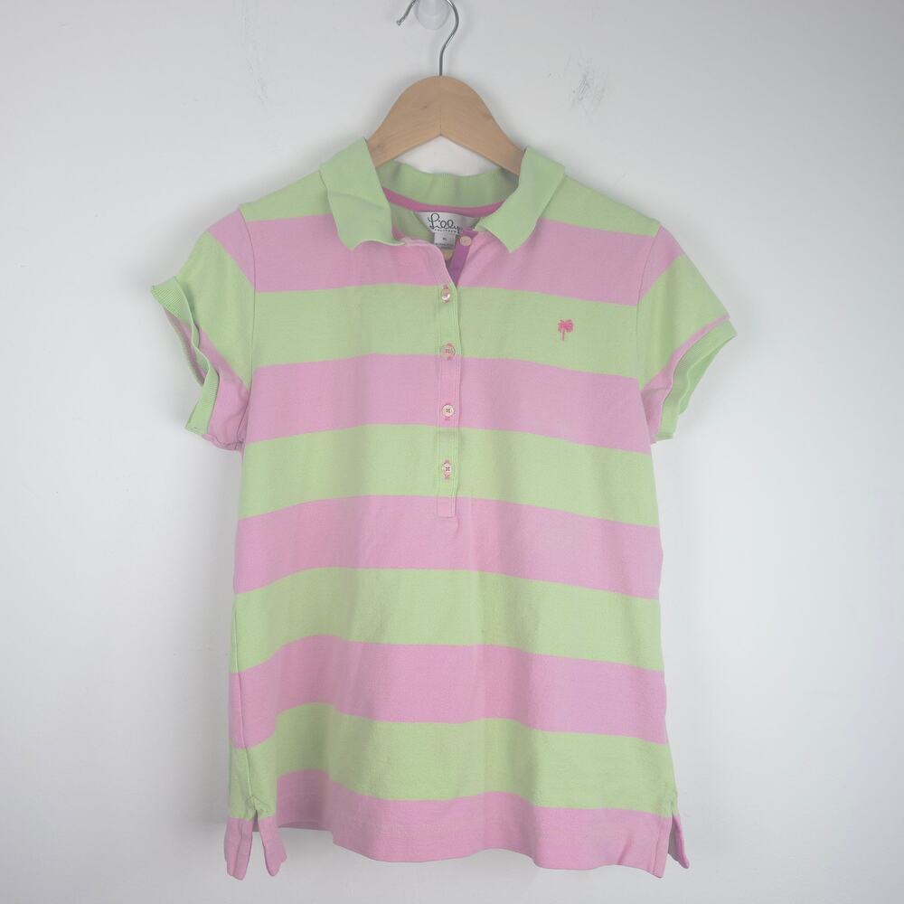 Lilly Pulitzer Vintage Pink Green Stripe Pique Polo Top Short Sleeve Extra Large